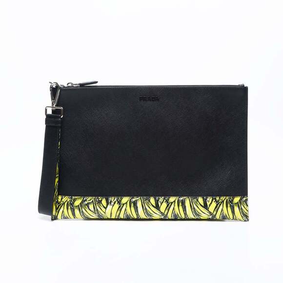 Prada Saffiano Active Botanical Clutch Bag Black WS20003